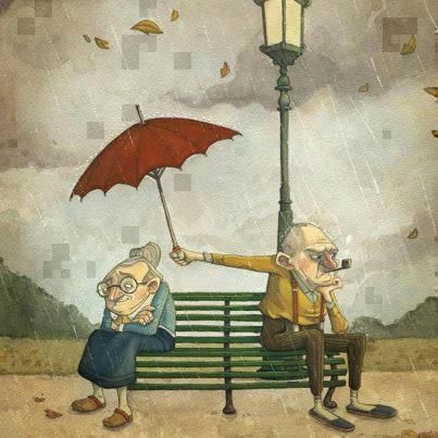 Elderly man holding umbrella for his wife